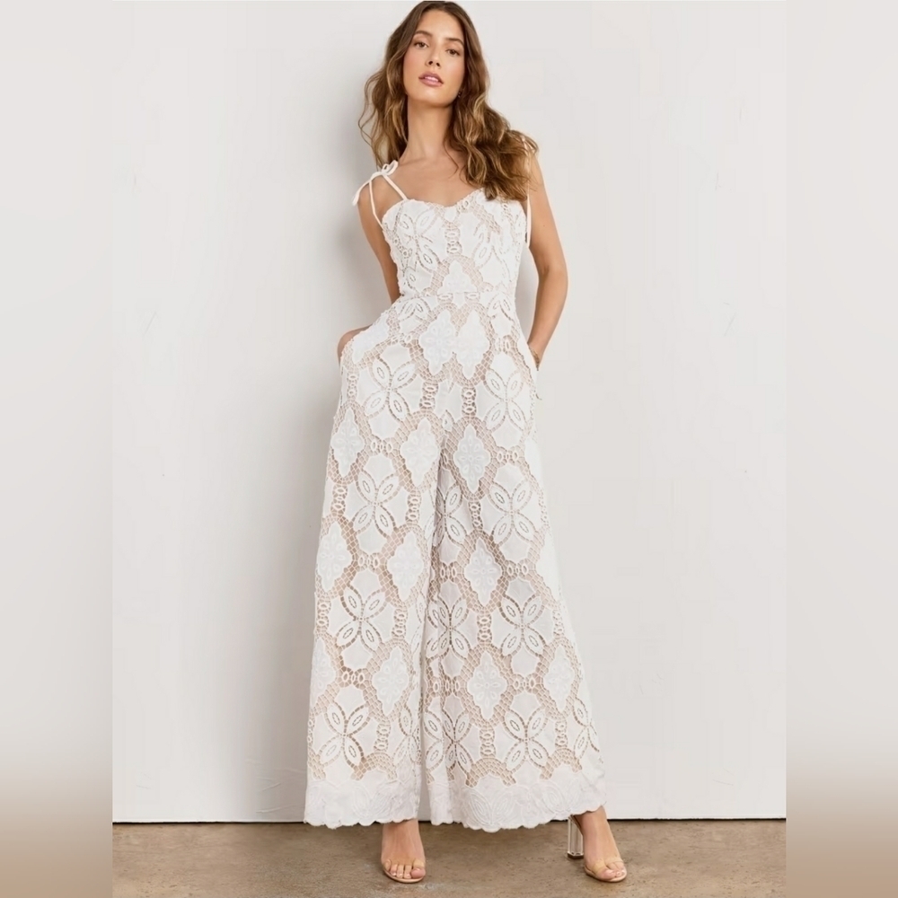 NWT NY&Co Women's Just Me Tie Strap Sweetheart Neckline Crochet Jumpsuit, Size L